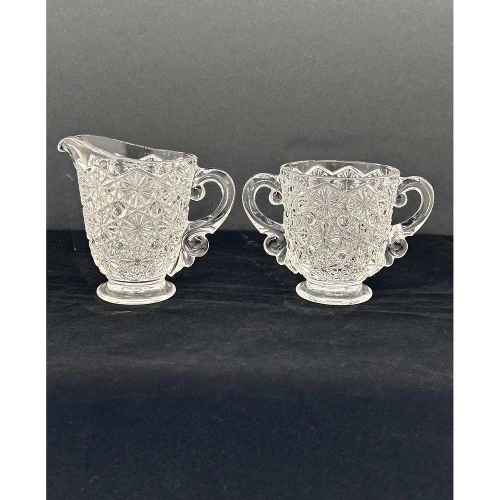 Vintage Daisy and Button Starburst Clear EAPG Glass Creamer and Sugar Bowl Set